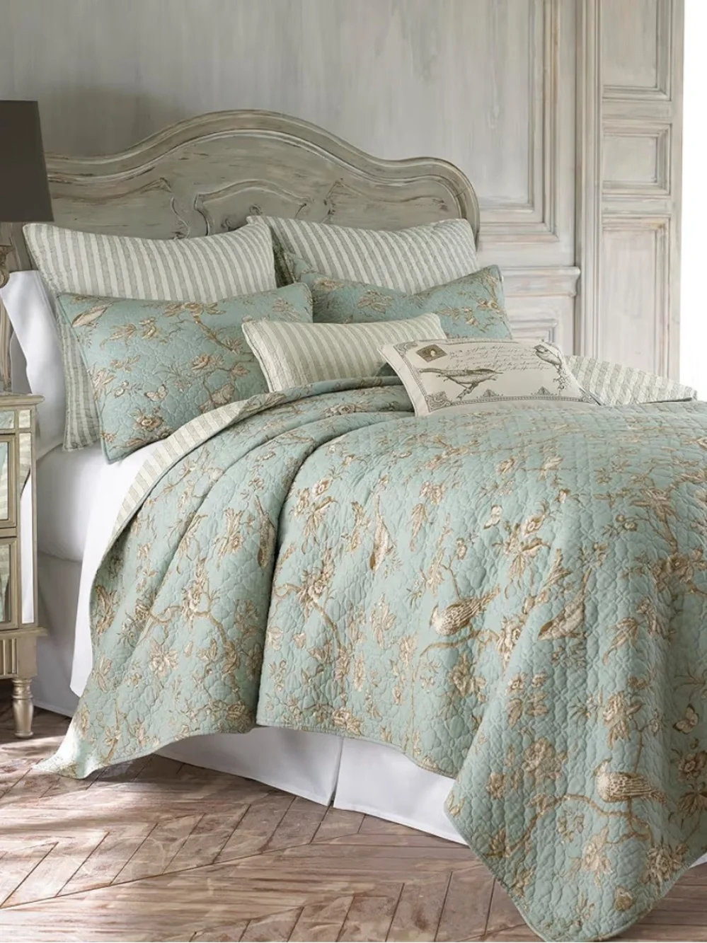 🆕 PB Style Reversible Quilt Set Brown Stripes Sage Floral Bird Toile Coverlet